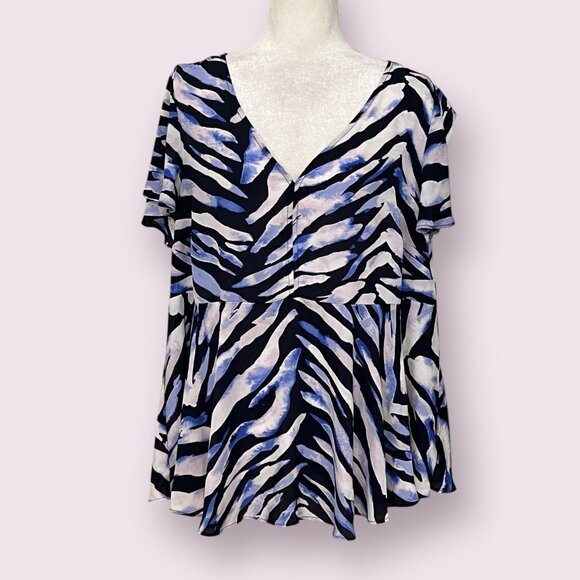 Torrid Women’s 1X Top Blue Black Zebra Print V-Neck Peplum Blouse Y2K Animal - Picture 1 of 7